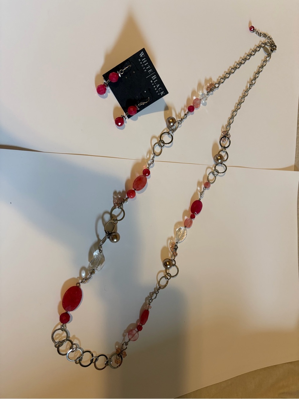 White House Black Market Red, pinks and Clear Beaded Necklace with Earrings